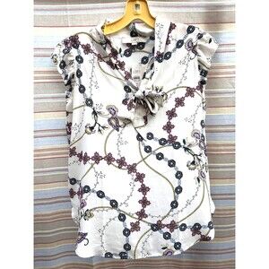 Loft Blouse Floral Chains Ruffle Flutter Cap Sleeve Bow Sleeveless Ivory S/ NWT